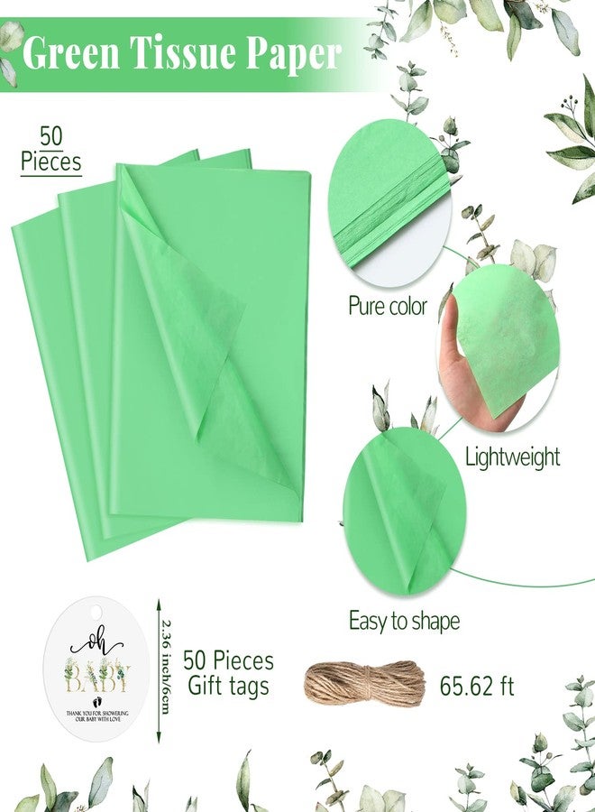 PerKoop 50 Sets Greenery Baby Shower Favor Bags Bundle with 50 Green Tissue Paper 50 Tags 1 Rope Baby Shower Thank You Gift Bags with Handles for Guests Gender Reveal Treat Goodies Party Favor - Image 3